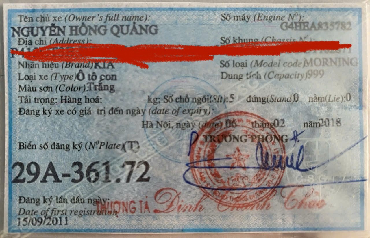 Đăng ký xe ô tô tên Nguyễn Hồng Quảng