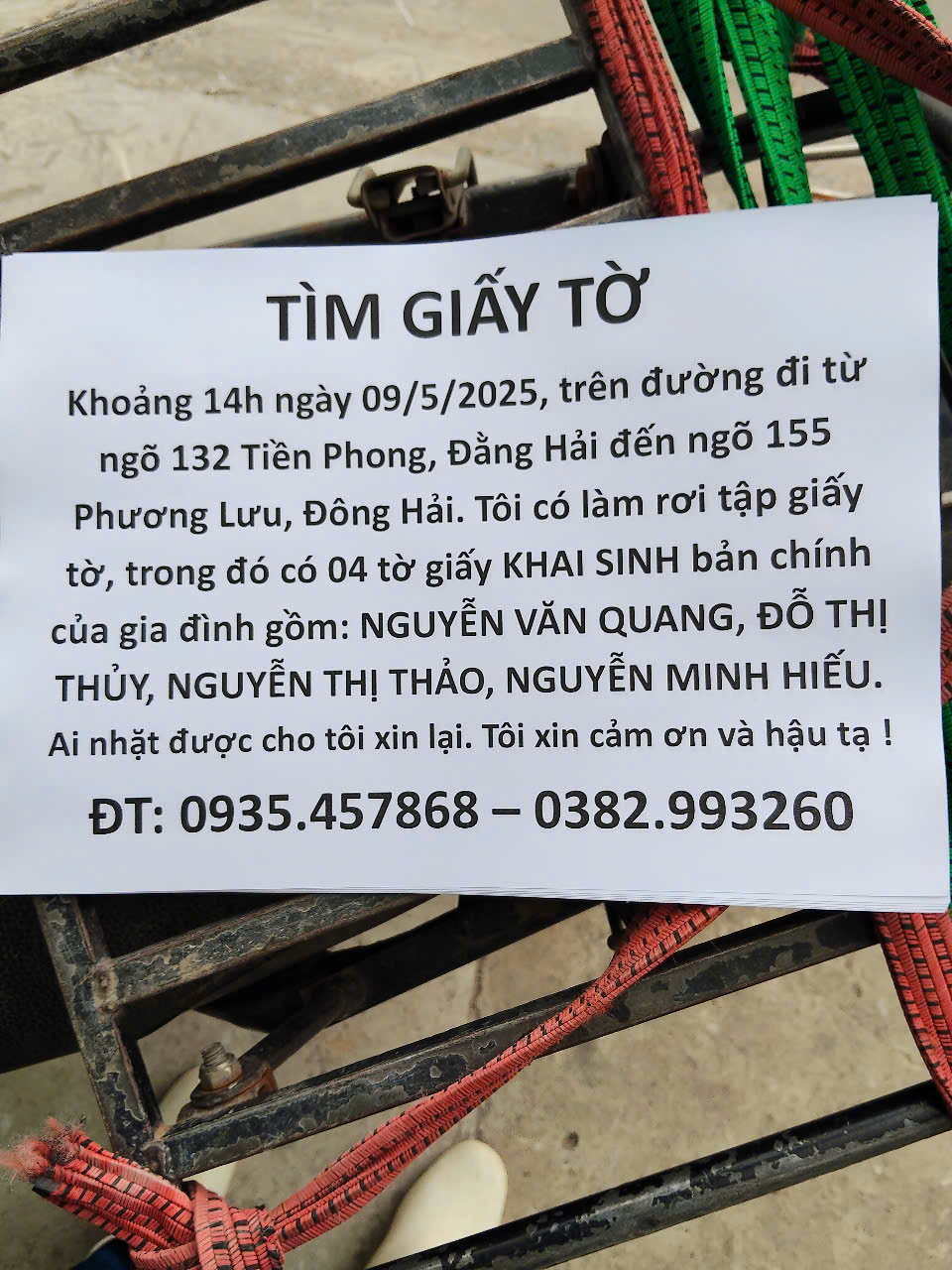 Rơi giấy tờ khai sinh bản gốc của gia đình kv Đằng Hải, Đông Hải 1, Hải Phòng 